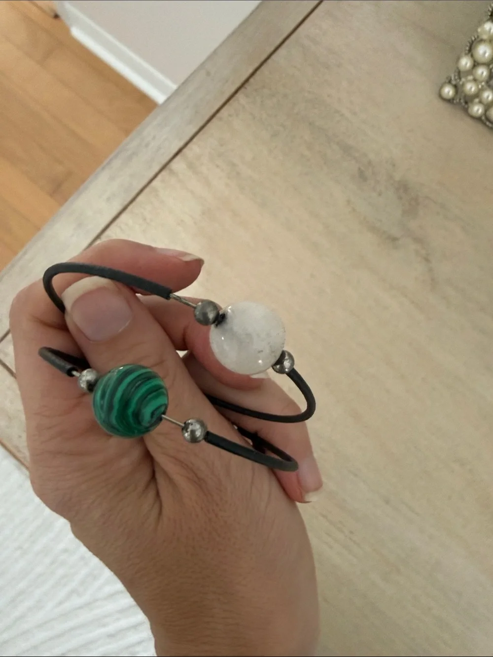 Women’s Black Cord Bracelet with Green and White Stone Beads